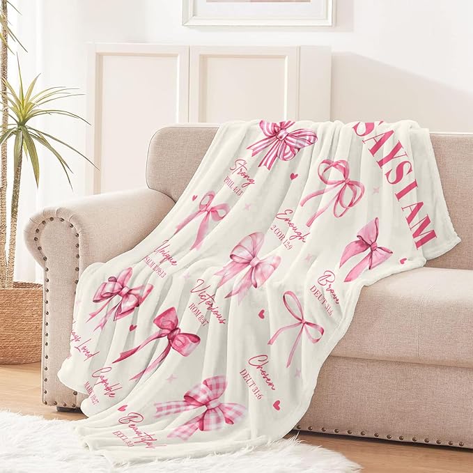 Christian Gifts for Women, God Says I Am Throw Blanket 80"X60", Inspirational Religious Birthday Gifts for Coquette Pink Bow Bible Verse Blanket, Christian Faith Jesus God Prayer Gift for Christmas