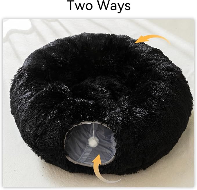 HIPIPET Winter Plush Cat Tunnel with Cat Bed for Indoor Cats,Multifunctional Cat Toys for Small Medium Large Cat. (Black)