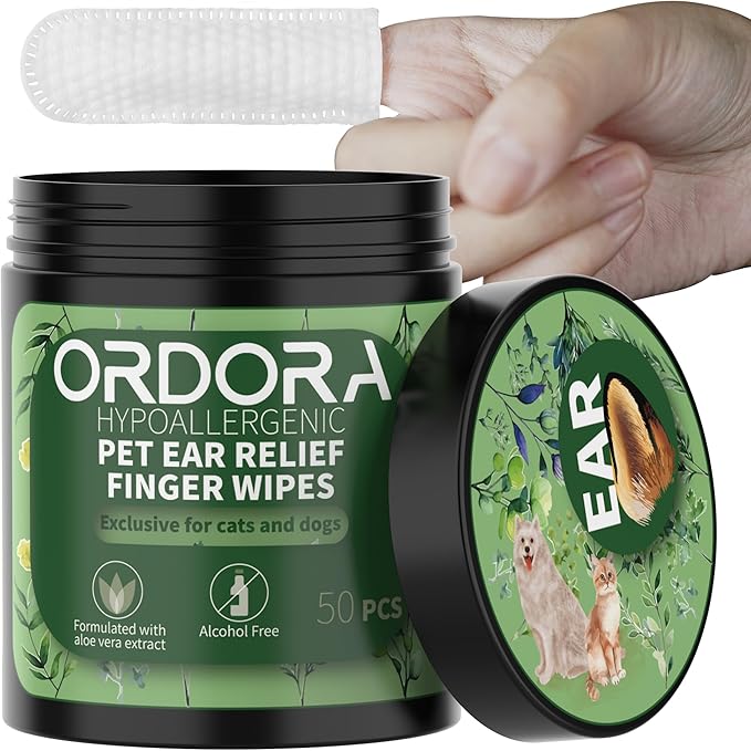 ORDORA PET Ear Finger Wipes for Dogs & Cats - Gently Remove Ear Wax, Debris - Sooths & Deodorizes - Relieve Ear Itching & Inflammation, Fresh Coconut Scent, All Natural Ingredients - 50 Pcs