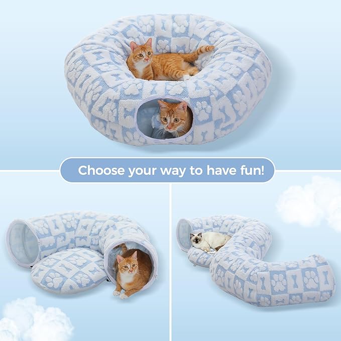 PEQULTI Cat Tunnel with Cat Bed for Indoor Cats, Cat Play Donut Tunnel with Washable Soft Plush Mat, Round Cat Tunnel Toys Cute Cat Tube for Kittens, Puppies, Rabbits and Ferrets, Blue