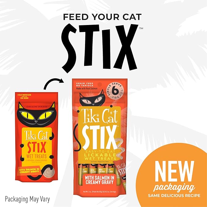 Tiki Cat Stix Mousse Treats, Single Serve Indulgent Lickable Treat or Dry Food Topper, with Salmon in Creamy Gravy, 3 oz. Pouch (Pack of 6)