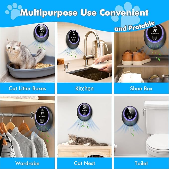 Advanced Cat Deodorizer for Litter Box, 99% Pets Odor Eliminator with 10000mAh Battery, Portable & Rechargeable Purifiers Deodorizer for Pets Litter Box Room Wardrobe Shoe Cabinet Toilet