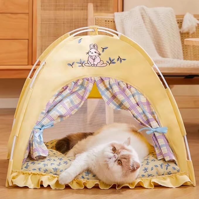 Cat Fairytale Bed, Cute Semi-Enclosed Ventilated Indoor Decoration House with Shade Cover for All Seasons (Green,Medium)
