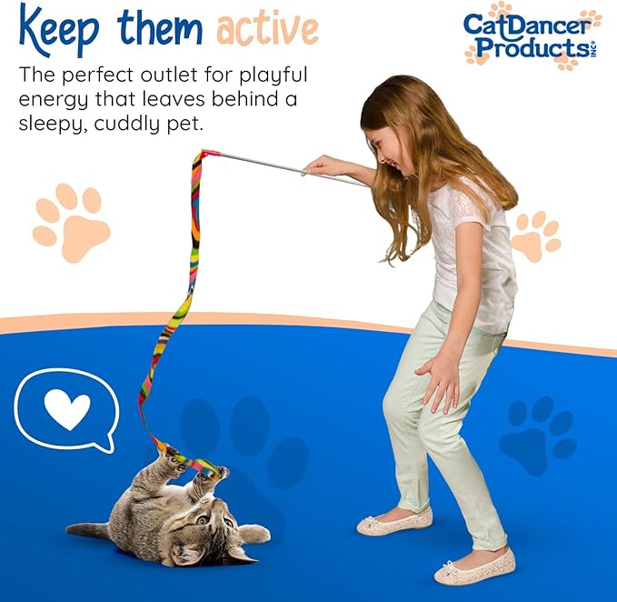 CAT DANCER Products Cat Charmer Interactive Cat Toy, Safe Teaser Wand, Colorful Fabric Ribbon Safe Flexible Exercise Toy, 2-Pack, Multi-Color, Pattens Vary