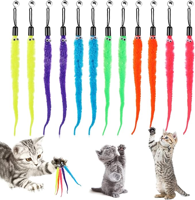 cobee 12pcs Cat Worm Toy Refills, Cat Wand Toy Replacement Refills Furry Tail Worm with Bells Assorted Cat Interactive Toy Refills with Bell for Cat Kitten Worm Refills Attachment for Cat Wand