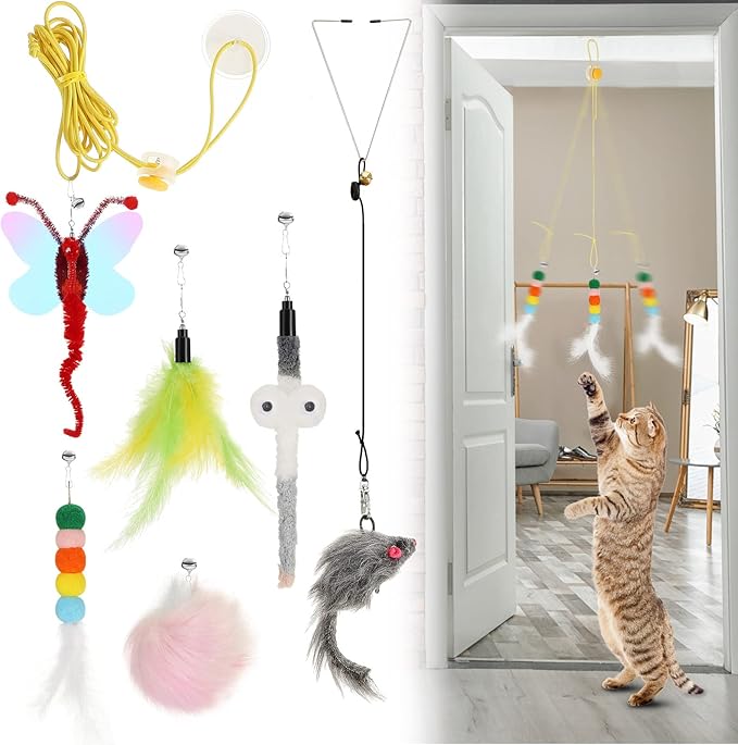 8 Pcs Doorway Cat Toys Indoor Feather Cat Toys Door Hanger Cat Toys Interactive Hanging Cat Toys Dragonfly Little Mouse Toys Retractable Cat Teaser Toys Kitten Toys for Play, 6 Styles (Cute Style)