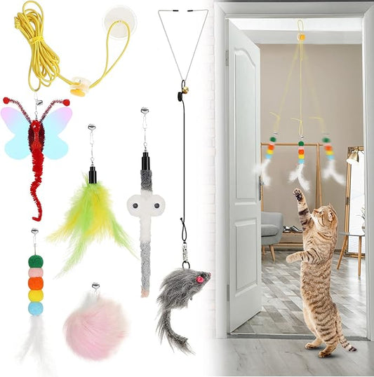 8 Pcs Doorway Cat Toys Indoor Feather Cat Toys Door Hanger Cat Toys Interactive Hanging Cat Toys Dragonfly Little Mouse Toys Retractable Cat Teaser Toys Kitten Toys for Play, 6 Styles (Cute Style)
