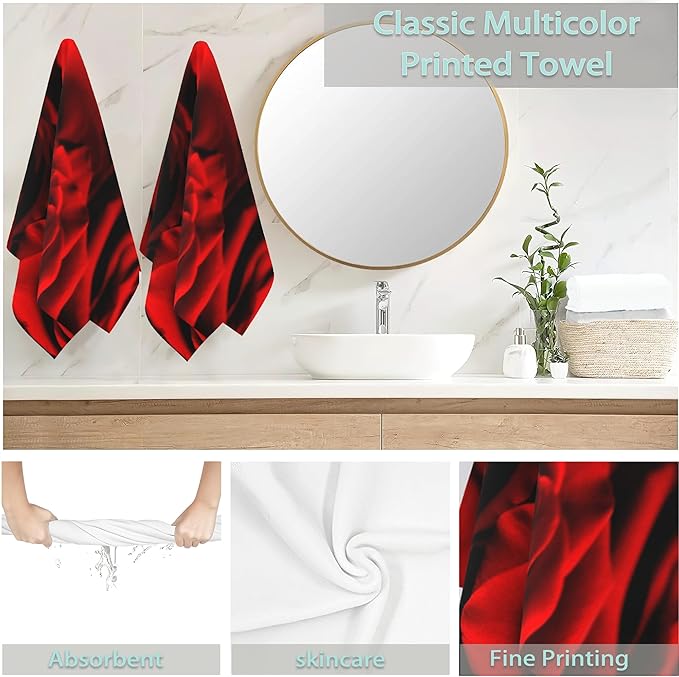 Rose Hand Towels Set, Abstract Red Rose & Black Leaves Polyester Cotton Soft Bath & Kitchen Towels 14x28