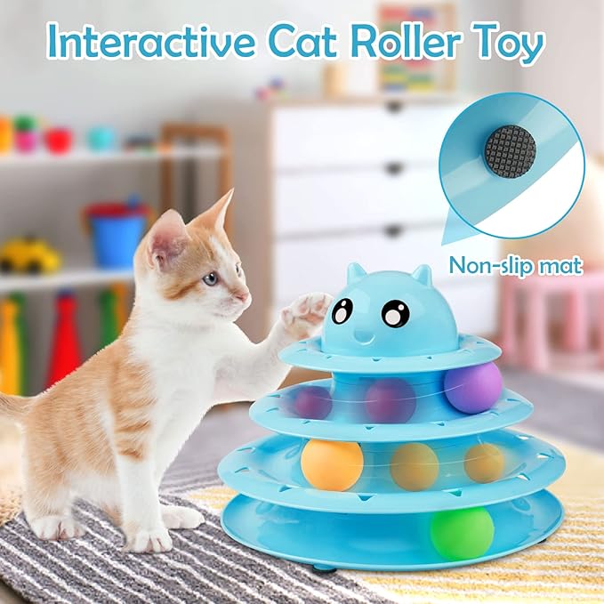 UPSKY 20 PCS Cat Toys, Cat Roller Toy 3-Level Turntable Cat Toys Balls for Indoor Cats, Kitten Toys Set with Cat Teaser Toys, Mice Toys, Spring Toys, and Various Ball Toys