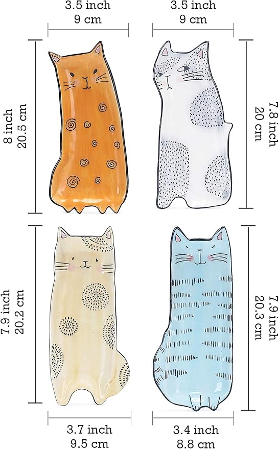 Bico Cartoon Cat Appetizer Plates Set of 4, Small Stoneware Ceramic Plates for Appetizer, Snacks, Sauce, Assorted Color, Microwave and Dishwasher Safe