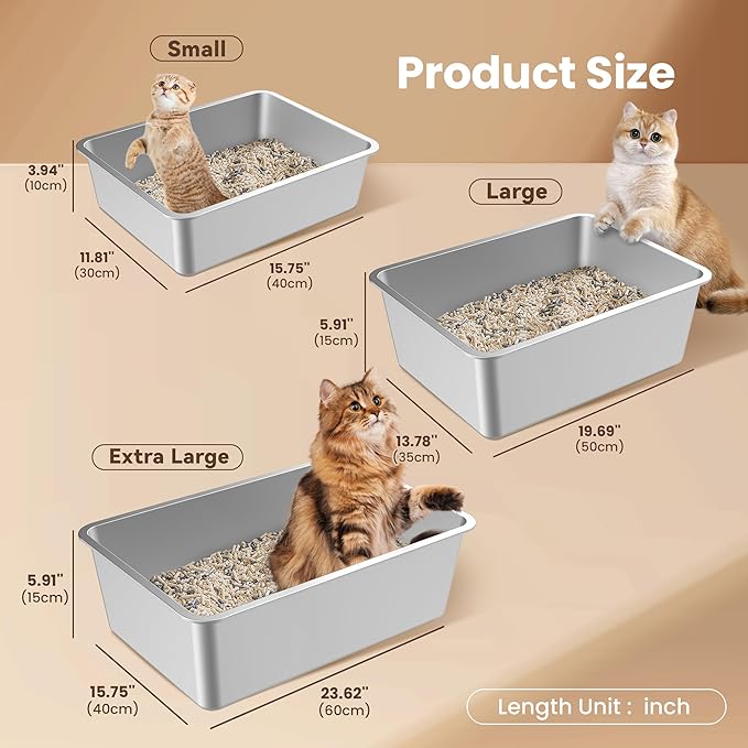 3 Pack Stainless Steel Cat Litter Box, Large Metal High Sides Litter Box for Kittens,19.7"x13.8"x5.9" Indoor Litter Tray Easy to Clean, Rust-Resistant, Odor-Free