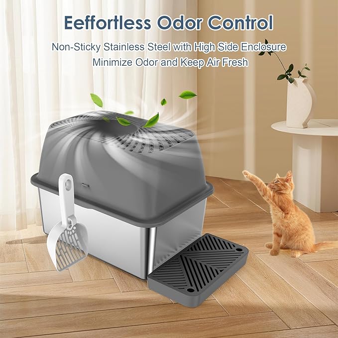 8" Deep Stainless Steel Litter Box with Lid, Top Entry Cat Litter Box for Dog-Proof, Enclosed Cat Litter Box with Footboard, Odor Control, Anti-Leakage, Non-Sticky, Easy Cleaning (Charcoal Gray)