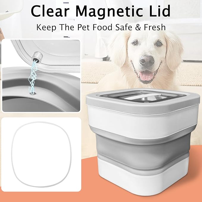 BNOSDM Collapsible Dog Food Storage Container, 5-13 Lbs Cat Food Bin Pet Storage Container with Magnetic Lid, Folding Bowl, Scoop and Measuring Cup for Dog Cat Pet Dry Food