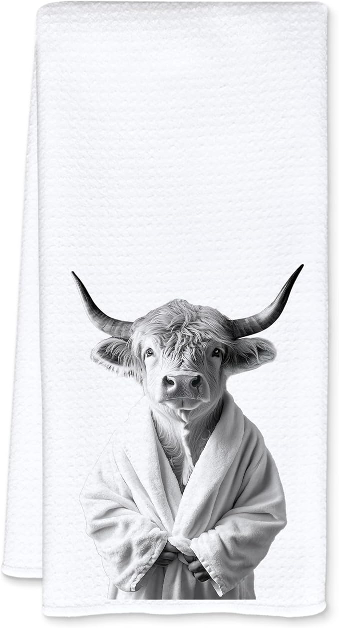 Funny Bathrobe Highland Cow Hand Towels for Bathroom Washroom Restroom Decor, Cow Lovers Gifts, Farmhouse Western Bathroom Hand Towels, 16x24 Inch