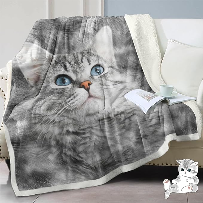 SOULZZZ Gray Cat Blankets for Cat Lovers Kids & Adults Cute Grey Cat Fleece Sherpa Blanket for Bed Chair Couch Travel Cat Themed Gifts for Women & Girls (50x60 Inches)