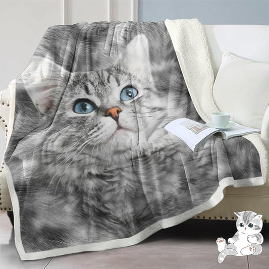 SOULZZZ Gray Cat Blankets for Cat Lovers Kids & Adults Cute Grey Cat Fleece Sherpa Blanket for Bed Chair Couch Travel Cat Themed Gifts for Women & Girls (50x60 Inches)