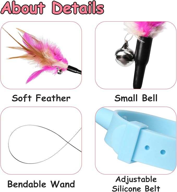 Cat Collars with Cat Feather Toys,3pcs Interactive Cat Toy with Bell for Indoor Cats,Adjustable Silicone Cat Collar Toy(Pink&Blue&Green)