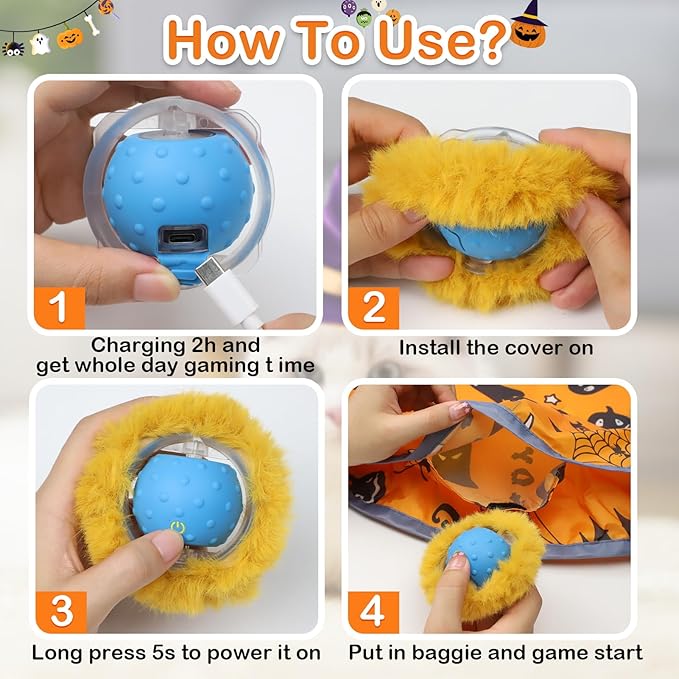 Interactive Cat Toys Ball Fast Rolling in Pouch, Motion Activate Chirping Cat Toy Hide and Seek Mouse Catching Game (Halloween Party)