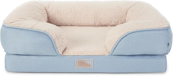 TOWN & COUNTRY EVERYDAY CuddleTown Comfy Solid Bolster Sofa Pet Bed, Supportive & Calming Egg Crate Foam, Water Repellent, Non-Slip Bottom, Machine Washable Cover, Blue, Medium 28"x23"x8"
