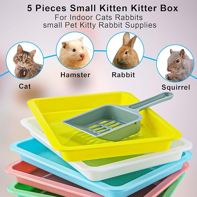 5pcs Kitten Litter Box, 9.65x7.28x0.98 inch Small Cat Litter Box with Litter Spatula Shallow Litter Pan Plastic Litter Tray Portable Cat Waste Tray Kitten Boxes for Indoor Cats Low Entry (5 Colors)