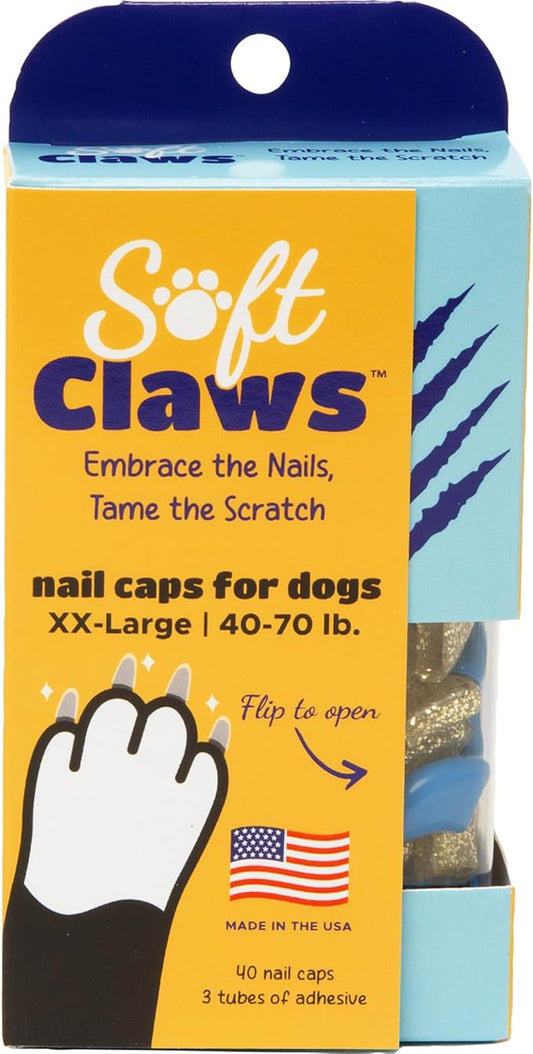 Soft Claws Nail Caps for Dogs with Non-Slip Design Made in USA - 40 Dog Nail Covers for Long-Lasting Protection of Floors and Furniture - Blue & Gold Sparkle, XXL