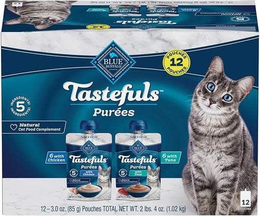 Blue Buffalo Tastefuls Purées Variety Pack, Natural Cat Food Complement, Resealable Twist Cap Pouches, Chicken and Tuna, 3-oz (12 Count, 6 of Each Flavor)