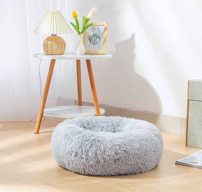 Calming Donut Dog Bed Medium, Plush Round Cuddler Dog & Cat Bed, Anit-Anxiety Marshmellow Fluffy Faux Fur Cushion(24", Light Grey)