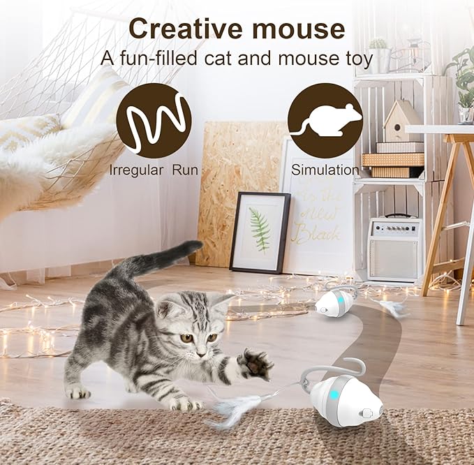 Interactive Cat Toy Mouse, Automatic Cat Toys with LED Lights Feathers