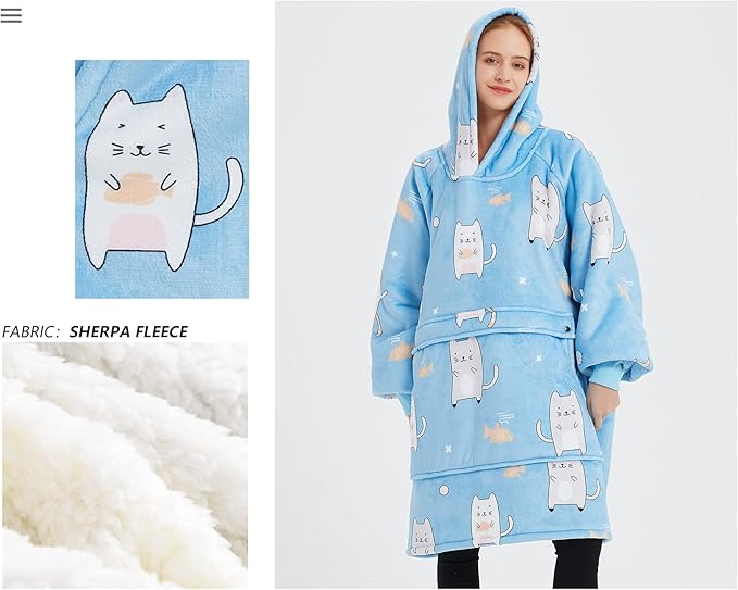 KFUBUO Wearable Blanket Hoodie for Adults Sherpa All Patterns Blue Cat Oversized Sweatshirt Blanket with Pockets Cute Gifts for Women