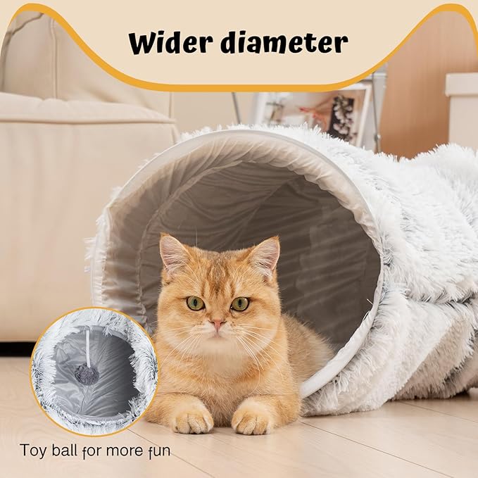 Avont Cat Tunnel Bed with Central Washable Cushion - Large Cat Tunnel Tube Toys 3 Shape to Play for Indoor Cats Kittens Puppies Ferret, Round Plush Fluffy Cat Bed with Tunnels -Grey