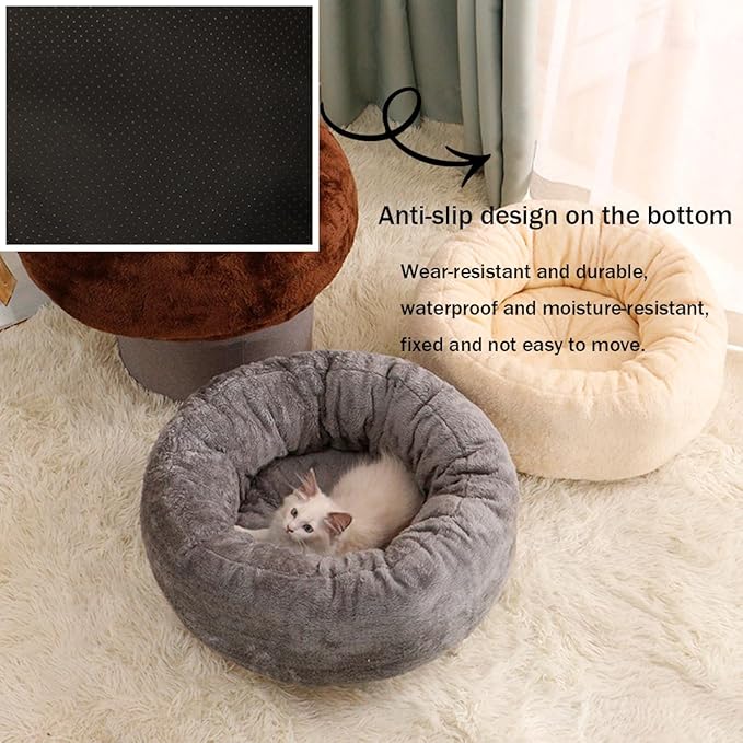 Cat Beds for Indoor Cats,Fluffy Donut Cat Bed Non -Slip Cat Bed Small Dog Bed Self Warming Pet Bed Cat Beds & Furniture Round Anti Anxiety Kitty Bed (White M)