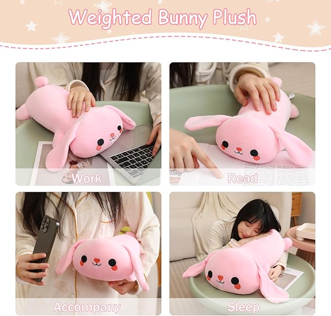 SQEQE Weighted Bunny Plush, Weighted Bunny Stuffed Animal, Cute Plushies Soft Pink Pillow Toy Gift for Kids Adults 9.8 Inch, 0.8 Lbs
