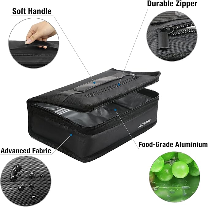 Aosbos Insulated Lunch Bag Small Lunch Box for Men Women Compact Lunch Bags Mini Food Storage Bag Flat Cooler Bag Thin Lunchbox Black Reusable Sandwich Bags Portable Snack Bag Tiny Thermal Bag
