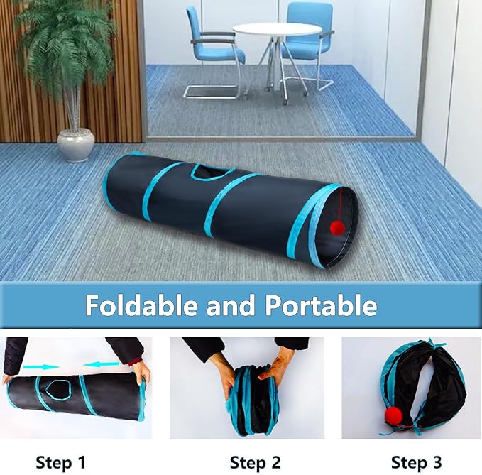 Cat Tunnel Tube Toys，Tunnels for Indoor Cats, 2 Way Blue Collapsible Interactive Toy with Balls for Rabbits, Kittens, Ferrets, Puppy