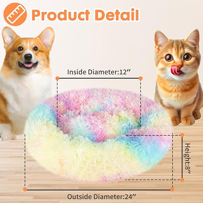 ShellKingdom Cat Beds for Indoor Cats, 24 inch Large Dog Bed for Small Medium Large Dogs, Cute Round Fluffy Plush Pet Bed for Puppy Kitten, Self Warming Calming Soft Donut Cat Bed, Rainbow