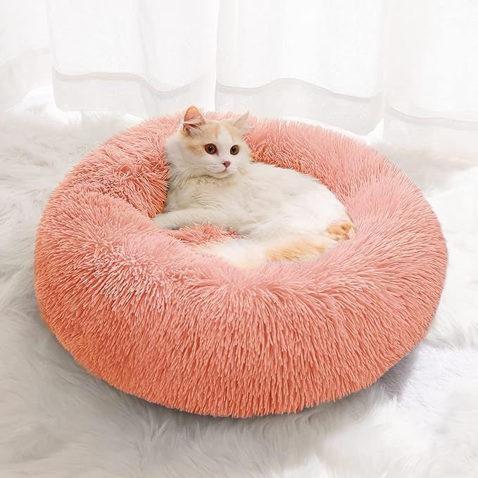 Small Cat Bed for Indoor Cats, Self-Warming Donut Kitty Bed for Small Cats Keeping Warm, Washable Pet Bed with Anti Slip Base, Pink 20‘’