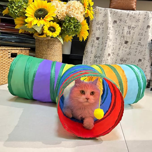 Cat Tunnel Tube Toys, Colorful Tunnels for Indoor Cats, 3 Way Collapsible Interactive Toy Maze House with Peek Holes Dangling Ball for Rabbit, Kitten, Kitty, Puppy