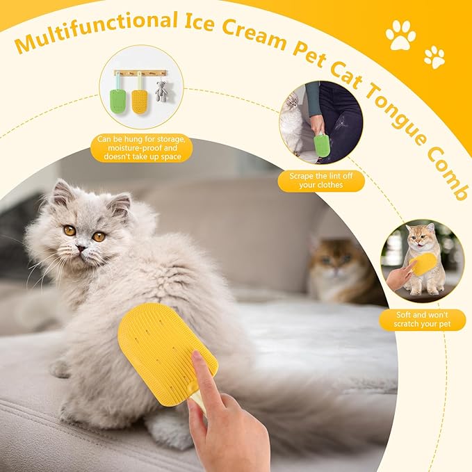 3PCS Cat Tongue Comb, 2024 New Cat Grooming Brush, Cats Shedding Brush for Long Haired Cats, Cute Cartoon Ice Cream Cat Fur Remover Comb for Cats Grooming Easily Removes Fur Reducing Hairballs