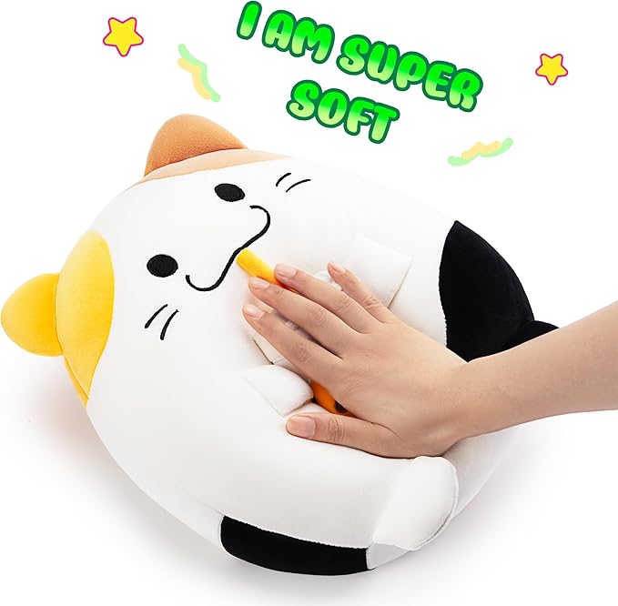 Original 12.5-inch Large Calico Cat Plush Pillow Stuffed Animal Toy,Big Size Cute Soft Fat Hugging Cuddle Huggable Plushie,Gift for Kids