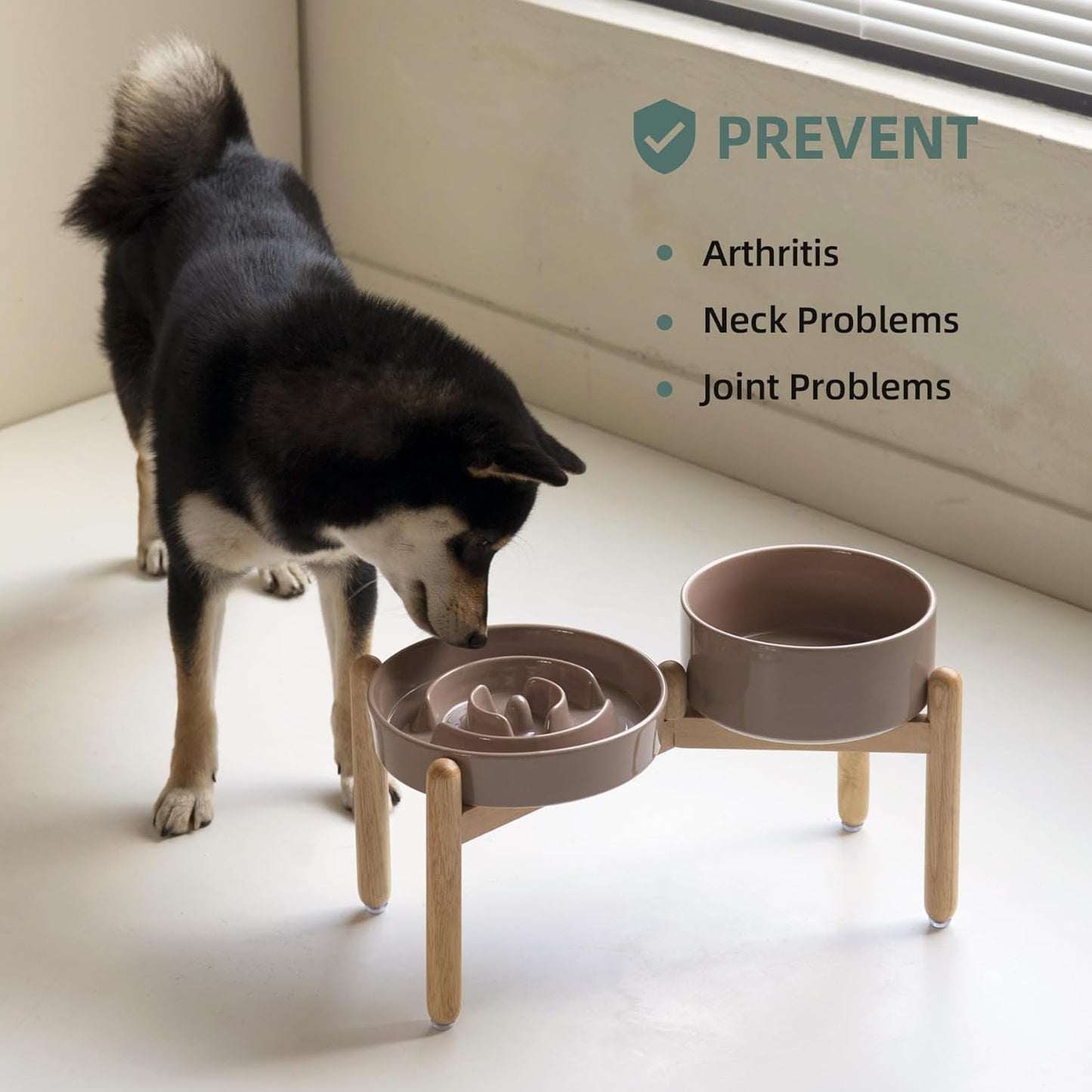 Ceramic Raised Slow Feeder Dog Bowl Set, Elevated 7.3inch Bowl and 8.2inch Puzzle Slow Dish with Wooden Stand for Medium and Large Dog, Anti-Gulping (2X Brown Coffee+ Stand)