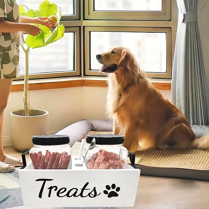 Dog Treat Container Food Storage - with 2 Plastic Treat Jars Pet Cat Food Containers Airtight Organizer Dog Treat Holder Farmhouse Decor Gift for Pet (White)