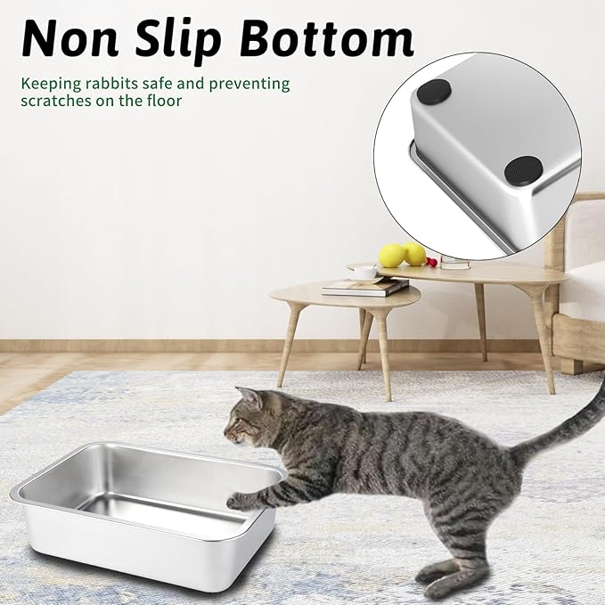 BNOSDM Stainless Steel Litter Box 2 Pcs Cat Litter Pan for Kitten, Pet Metal Toilet Boxes with Non-Slip Foot Mats and Litter Scoop, Easy to Clean (18x14x4)