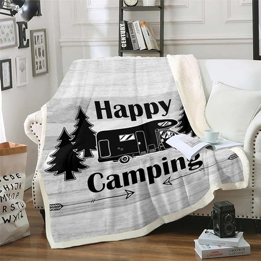 Erosebridal Camper Sherpa Blanket - Vintage Woodland Throw, Twin Size RV Decor, Farmhouse Bedroom Luxury