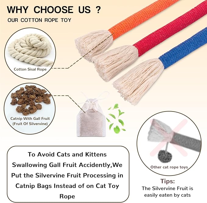 Retro Shaw Cat Toys Chew Rope,3 Pack Catnip Cat Rope Toy for Indoor Kittens,Safe String Cat Teeth Cleaning Toy,Interactive Cat Nip Cat Kicker Toy 23.6 Inches