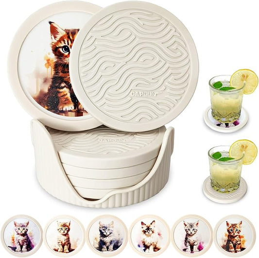 6 Pack Cute Cat Pattern Coasters with Deep Tray Holder, Double Sided Drink Coasters, Beverage Mats for Hot or Cold Drinks, Non-Slip, Non-Stick Silicone with Ceramic Insert Pet Patterned Coaster