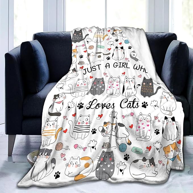 Cat Gifts Blanket for Women Girls Just A Girl Who Loves Cats Blanket Throw Plush Stuff Cats Gifts for Cat Lovers Women Girls Kids Adults Birthday Decorations 60"X50"