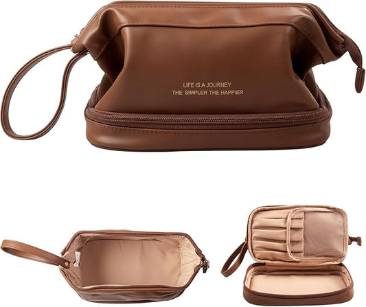 Abiudeng Large Capacity Makeup Bag Ladies Cosmetic Bag Travel Bag with Compartments Portable PU Leather Travel Makeup Bag with Handle