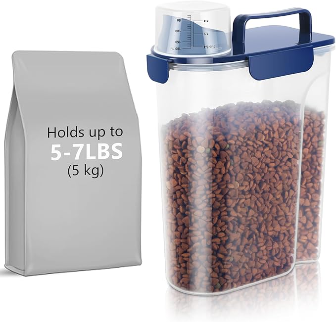 5Lbs Airtight Dog Food Container,Cat Storage Bin, Pet Dispenser BPA-FreeTranslucent Body Upgraded large nozzle for Small Animal Kibble, Bird Bird Seed,Oatmeal,Rice,flour,brown sugart-Royal Blue