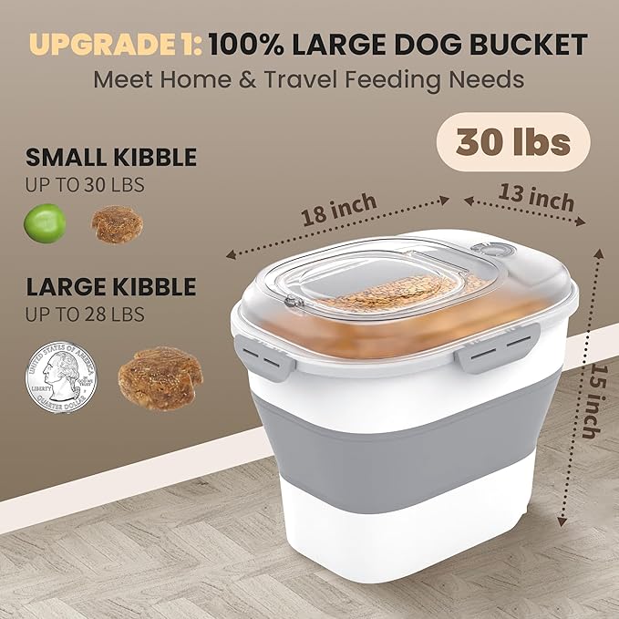 28-30 Lbs Airtight Dog Food Storage Container,Collapsible Dog Food Container with Airtight Lid,Wheels, Date Track,Large Pet Food Storage Container for Rice,Flour,Dog Food Scoop,2PCS Containers