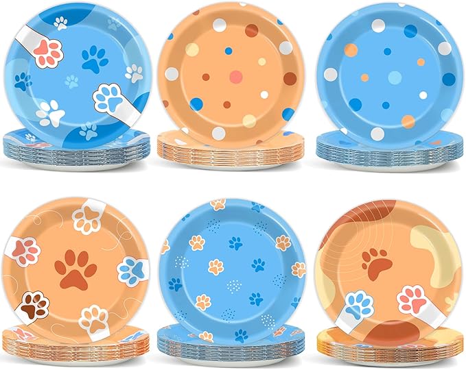 48Pcs 7" Blue Dog Birthday Party Paper Plates Puppy Party Supplies Blue Paw Dessert Tableware Set Paw Shaped Disposable Dinnerware Plates for Kids Girls Cartoon Birthday Decorations Party Favors